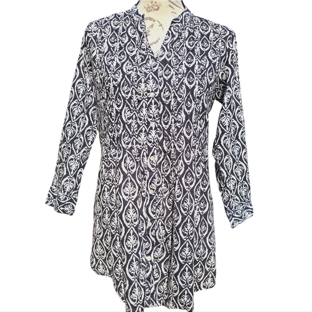 Rock Flower Paper‎ -683 Black White Geometric Print Button Down Tunic Top Size S